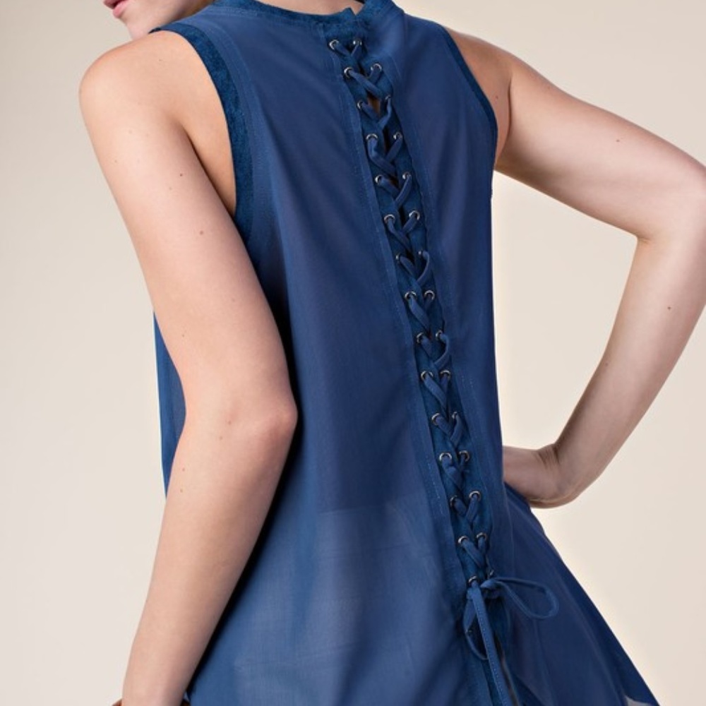 Sleeveless A-line Top Laced-Up Detail denim sm-xl
